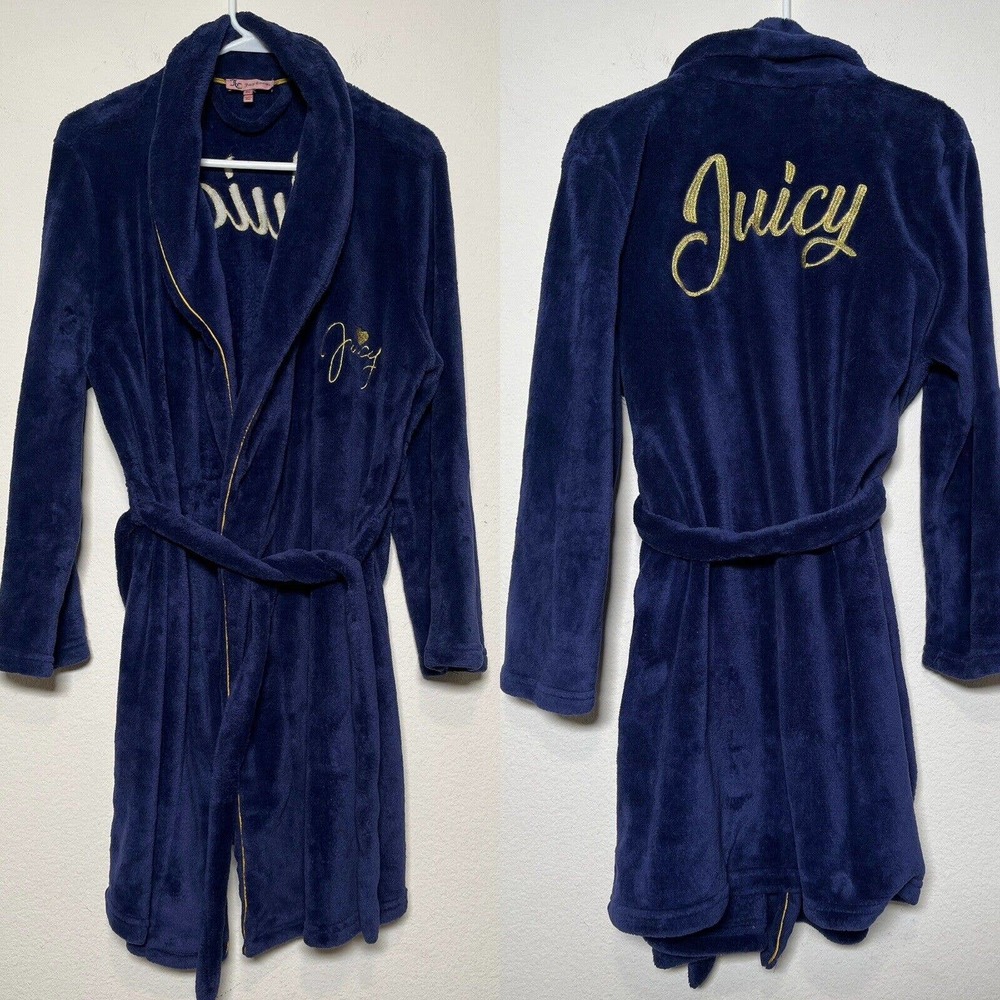Juicy Couture Gold Trim Script Embroidered Blue Plush Robe Womens XL